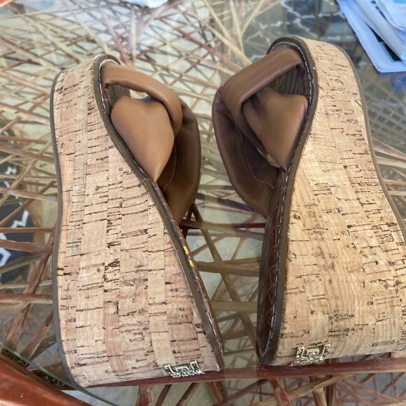 Sam Edelman Ramsey Shoes Sandals Cork High Wedge 9.5M Platform Camel - Picture 8 of 10